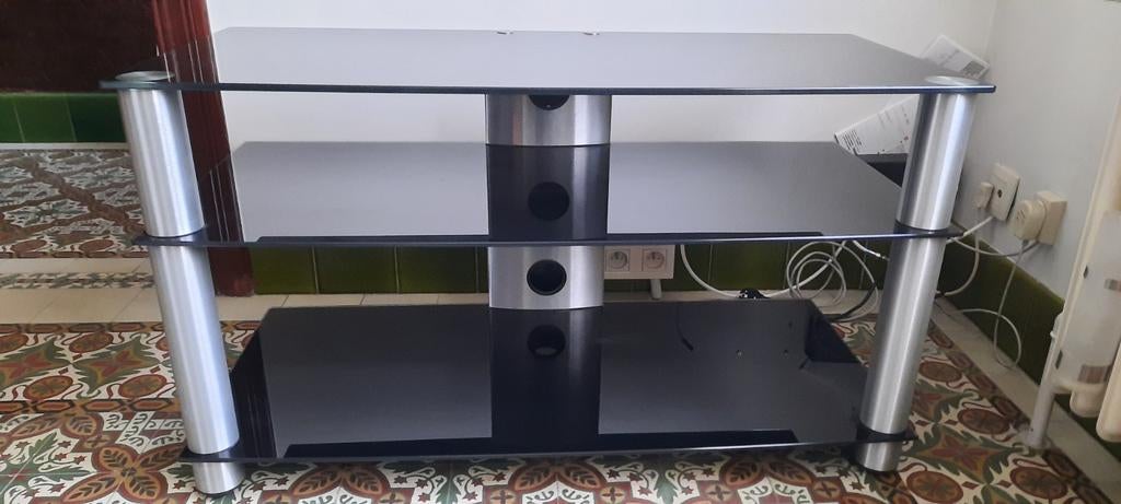 Meuble TV, moderne, cadre argenté, 3 tablettes en verre, Enlèvement