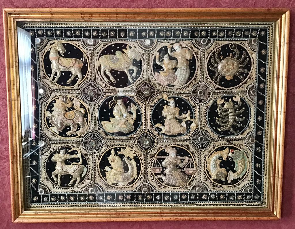 Ingelijst vintage wandkleed met 12 dierenriemtekens, Ophalen, Vintage, Wandkleed, Ingelijst