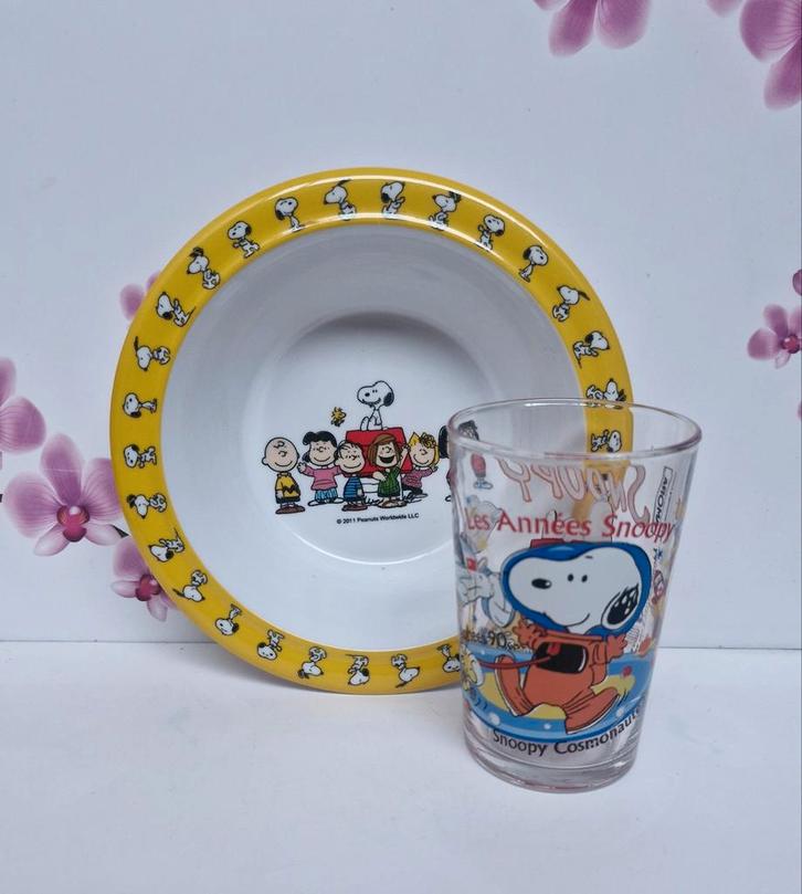 🤍 Snoopy Glas + Bordje, Collections, Verres & Petits Verres, Comme neuf, Autres types, Enlèvement ou Envoi