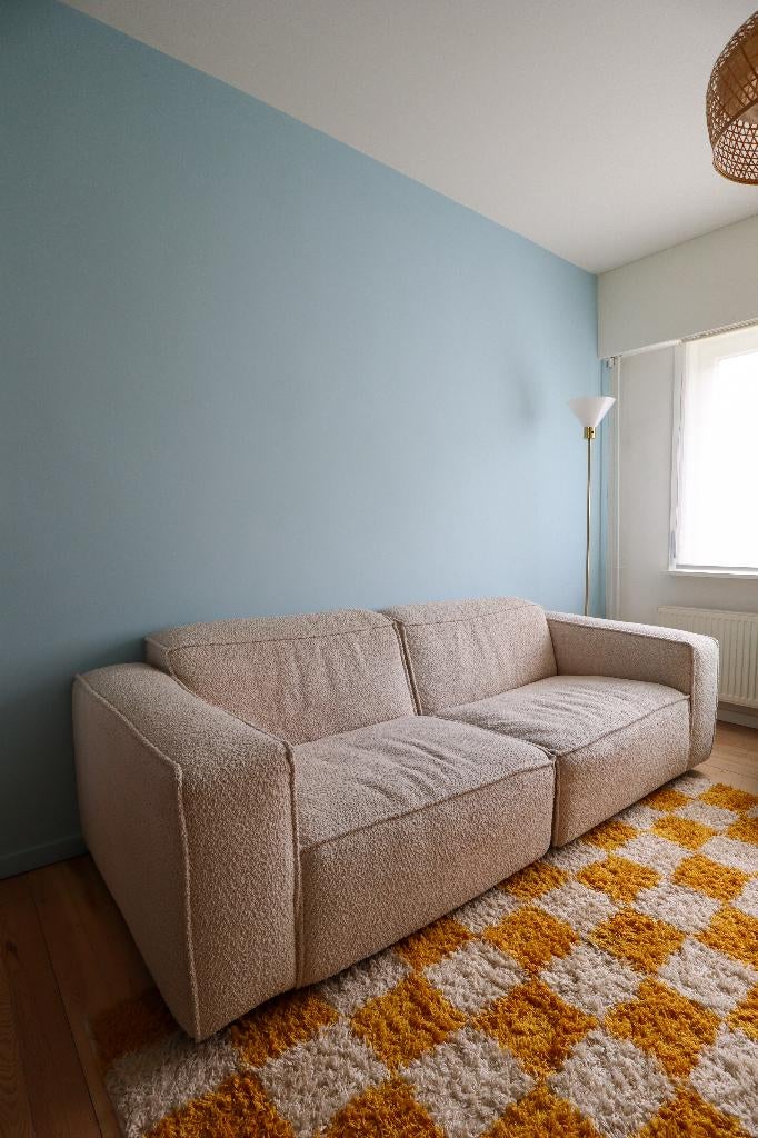 3-zit zetel beige teddy + poef, Maison & Meubles, Canapés | Salons, Trois personnes, 100 à 125 cm, Teddy beige, 200 à 250 cm