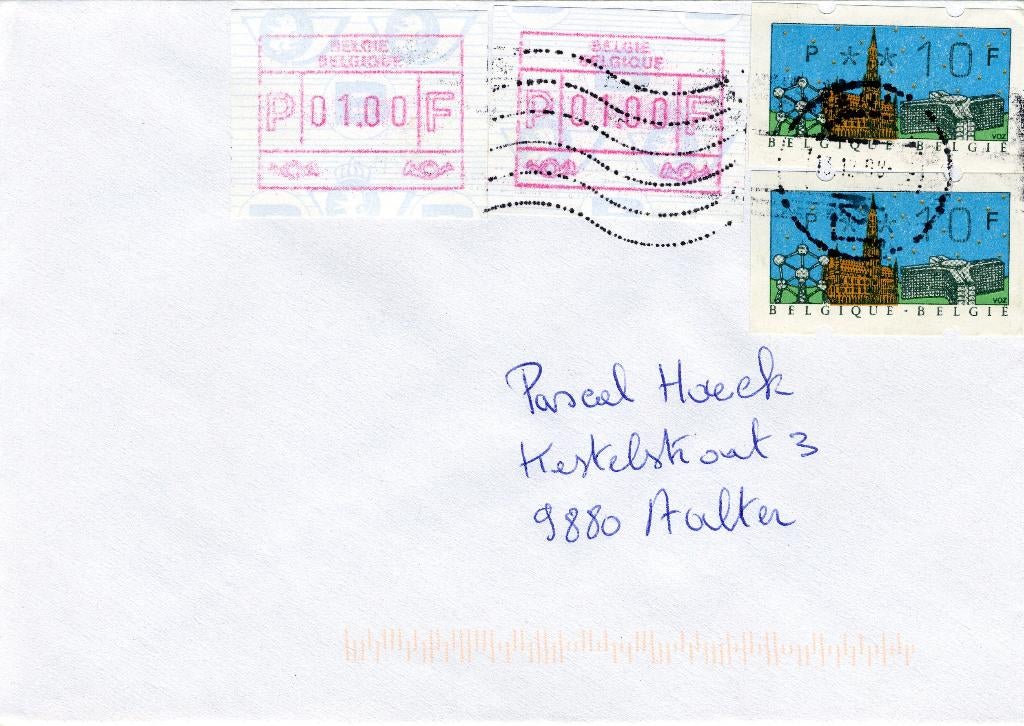 (B) Lettre ATM79/80 du FDC 1990 - Belgique '90 1-1-10-10 BEF, Timbres & Monnaies, Enlèvement ou Envoi, Affranchi, Avec enveloppe