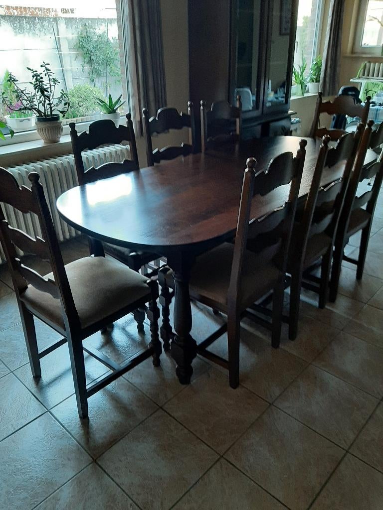 tafel + 8 stoelen, Huis en Inrichting, Tafels | Eettafels, Ophalen, Gebruikt, Overige houtsoorten