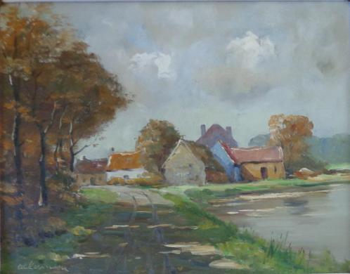 ACKERMANN / GEHUCHT BIJ RIVIER / OLIEVERF DOEK / 50x60cm KAD, Antiek en Kunst, Kunst | Schilderijen | Klassiek, Ophalen of Verzenden