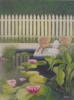 olieschilderij tuin met vijver (60x80), Antiek en Kunst, Ophalen of Verzenden