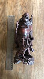 Vintage lachende Boeddha gesneden houten beeldje, Gebruikt
