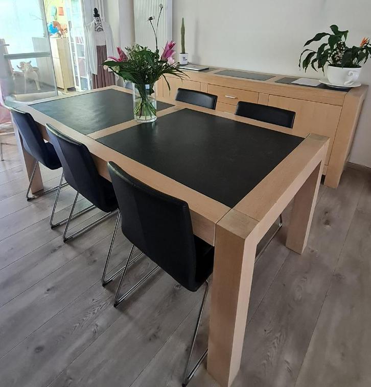 Eetkamerset eiken fineer met leisteen afwerking - 5 meubels, Huis en Inrichting, Complete eetkamers, Zo goed als nieuw, Ophalen