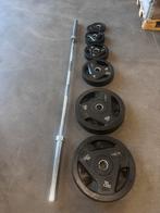 117,5kg Rubberen Olympische Gewichten + Olympische Barbell, Ophalen, Gebruikt, Halterschijven