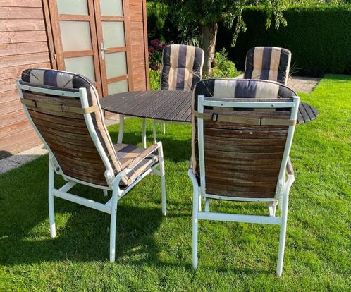 IKEA Tuintafel + 4 stoelen + kussens, Tuin en Terras, Tuintafels, Gebruikt, Ovaal, Hout, Ophalen