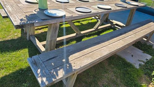 Teak tuintafel met 2 banken 330100 - 10pers, Tuin en Terras, Tuintafels, Gebruikt, Ophalen