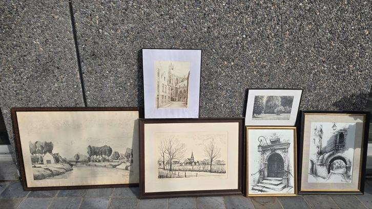 Pentekening ets natuur en steden getekend Romain Goeters ea, Antiek en Kunst, Kunst | Tekeningen en Fotografie, Ophalen of Verzenden