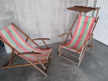 Paar originele Retro deck chairs,  met zonnescherm .2 stuks 