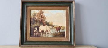 Schilderij Koeien en paard in een vijver