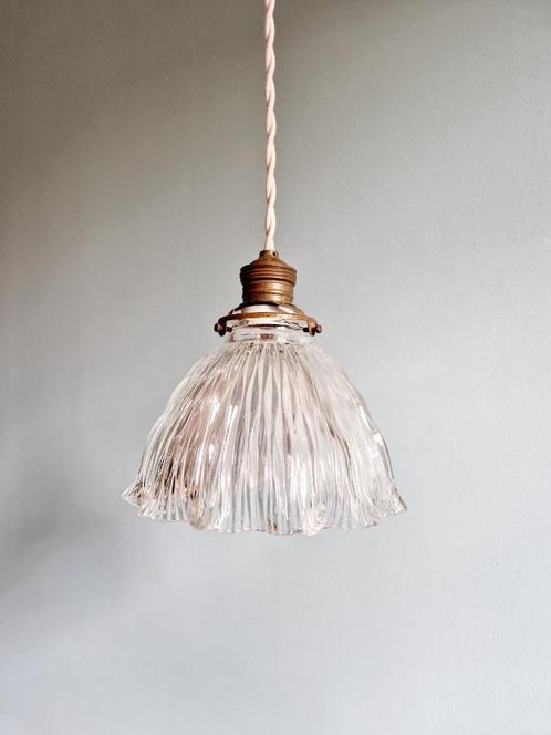 Holofaansuspensie in transparant gegroefd glas, 1920-30, Antiek en Kunst, Antiek | Verlichting, Ophalen of Verzenden