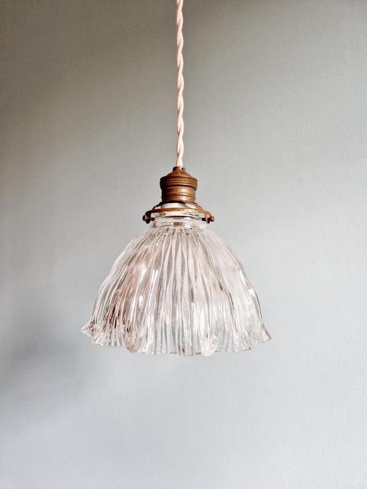Holofaansuspensie in transparant gegroefd glas, 1920-30, Antiek en Kunst, Antiek | Verlichting, Ophalen of Verzenden