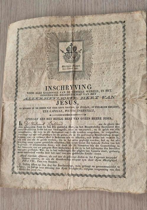 Zeer oud document van 1824 Inschrijving voor alle gelovige, Verzamelen, Bidprentjes en Rouwkaarten, Ophalen of Verzenden