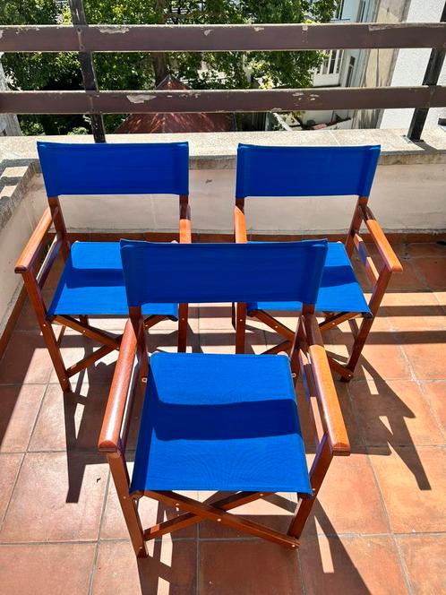 3 director’s chairs/3 regiseursstoelen, Huis en Inrichting, Stoelen, Zo goed als nieuw, Drie, Hout, Stof, Blauw, Ophalen