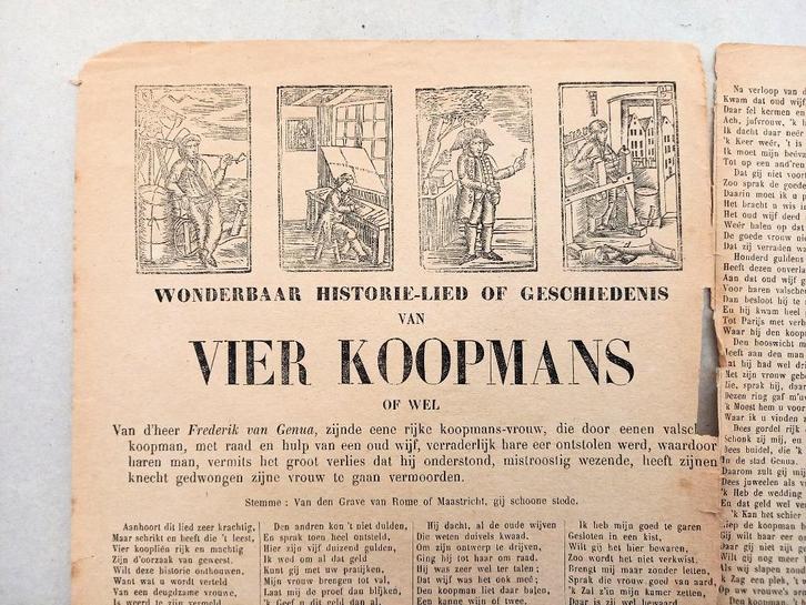 Wonderbaar Historie-lied of geschiedenis van Vier Koopmans, Antiek en Kunst, Kunst | Litho's en Zeefdrukken, Ophalen of Verzenden