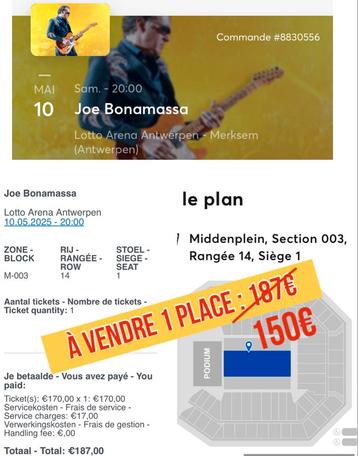 Ticket concert Joe Bonamassa 18 mai à Anvers,14eme rangée!  beschikbaar voor biedingen