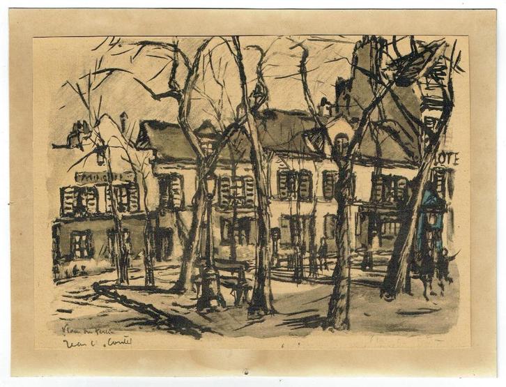 Oude tekening(?)/litho(?) Place du Tertre (Verzam-069), Antiek en Kunst, Kunst | Schilderijen | Klassiek, Ophalen of Verzenden
