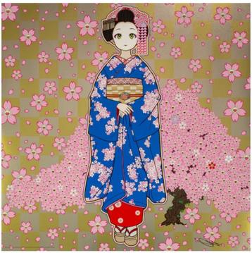 Maiko in Kyoto, Cherry Blossoms on Blue - Takashi Murakami beschikbaar voor biedingen