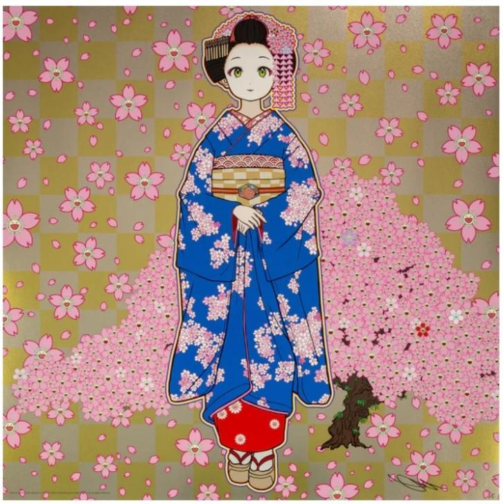 Maiko in Kyoto, Cherry Blossoms on Blue - Takashi Murakami, Antiek en Kunst, Kunst | Litho's en Zeefdrukken, Ophalen