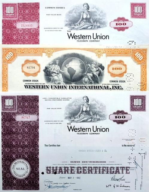 3X WESTERN UNION 1967-1967-1969, Postzegels en Munten, Aandelen en Waardepapieren, Certificaat van aandeel, 1950 tot 1970, Ophalen of Verzenden