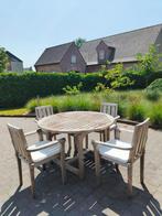 Uitschuifbare tuintafel + 4 stoelen, echte teak, Tuin en Terras, Ophalen, Gebruikt, Rond, Teakhout