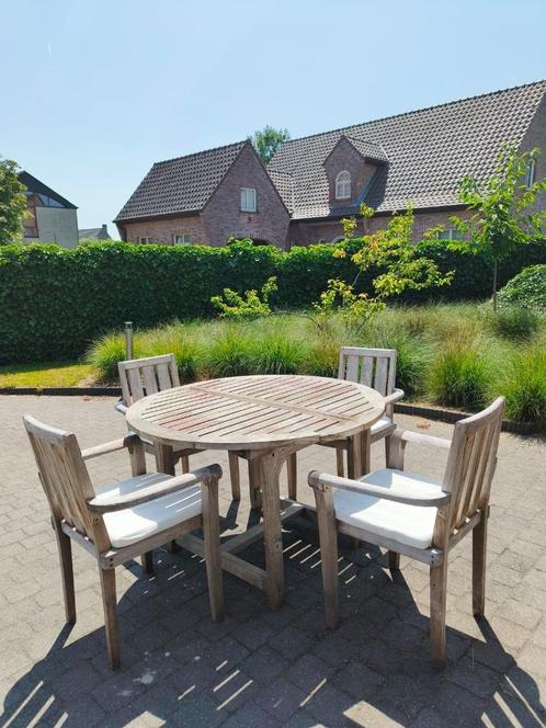 Uitschuifbare tuintafel + 4 stoelen, echte teak, Tuin en Terras, Tuintafels, Gebruikt, Rond, Teakhout, Ophalen