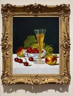 Peinture « Nature morte avec du vin, des pêches, des cerises, Envoi