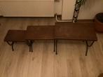 3 houten zware bijzettafels met gietijzeren poten., Huis en Inrichting, Ophalen, Gebruikt