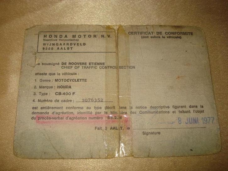 Ancien Certificat Conformité Moto Honda CB-400 F 1977, Motoren, Handleidingen en Instructieboekjes, Honda, Ophalen of Verzenden