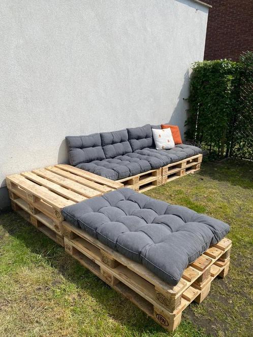 Lounge van palletten met pallettenkussens, Tuin en Terras, Tuinbanken, Zo goed als nieuw, Ophalen