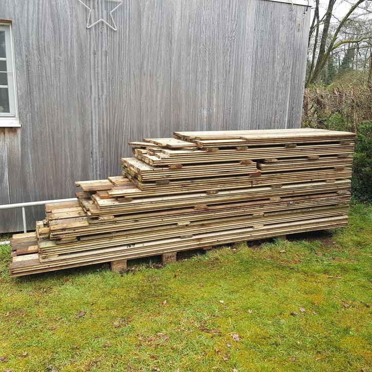 Lot blokhutprofiel grenen 2,8 x 14,5, Tuin en Terras, Palen, Balken en Planken, Gebruikt, Planken, Ophalen