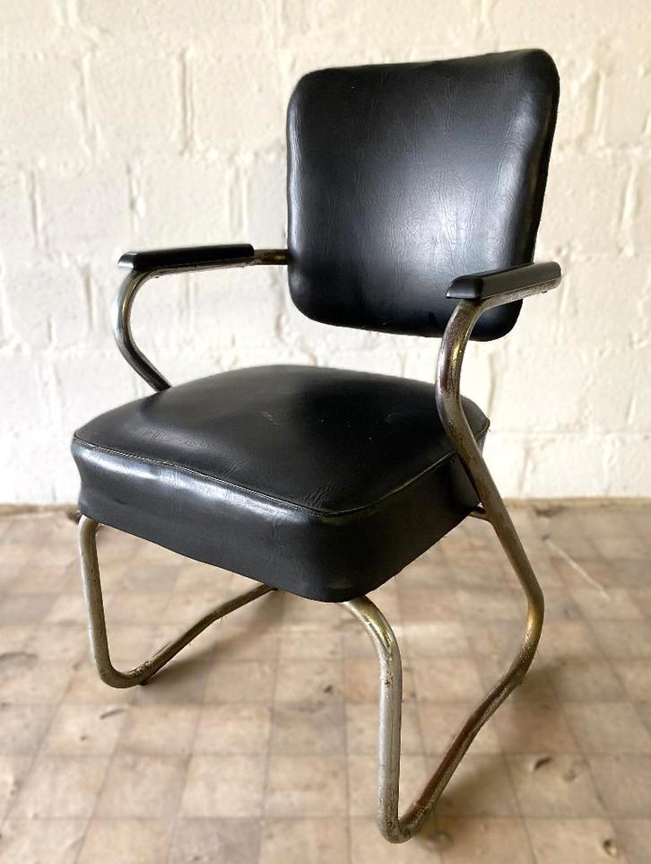 Fana stoel/fauteuil - (jaren 50-60), Huis en Inrichting, Fauteuils, Gebruikt, Leer, Metaal, Ophalen