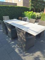 tuintafel met 7 stoelen en ligbed, Ophalen, Gebruikt, Rechthoekig, Hout