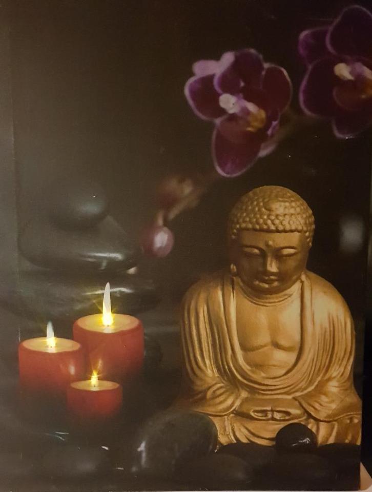 Zen-tafel - Boeddha + geanimeerde kaarsen, Huis en Inrichting, Woonaccessoires | Lijsten, Gebruikt, Minder dan 50 cm, Minder dan 50 cm
