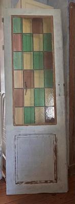 Porte ancienne en pitchpin avec vitrail coloré – années 30, Doe-het-zelf en Bouw, Raamkozijnen en Schuifdeuren, Ophalen, Gebruikt