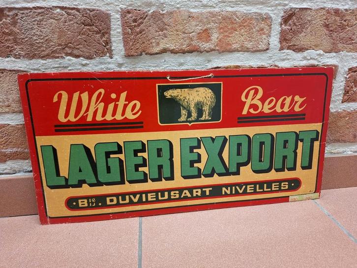 Plaque pub 1949 bière White Bear Duvieusart Nivelles, Collections, Marques & Objets publicitaires, Utilisé, Panneau publicitaire