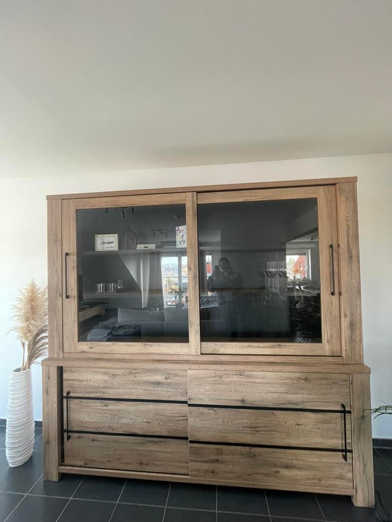 Vitrine salle à manger couleur bois et noir, 25 à 50 cm, 200 cm ou plus, Comme neuf, Enlèvement