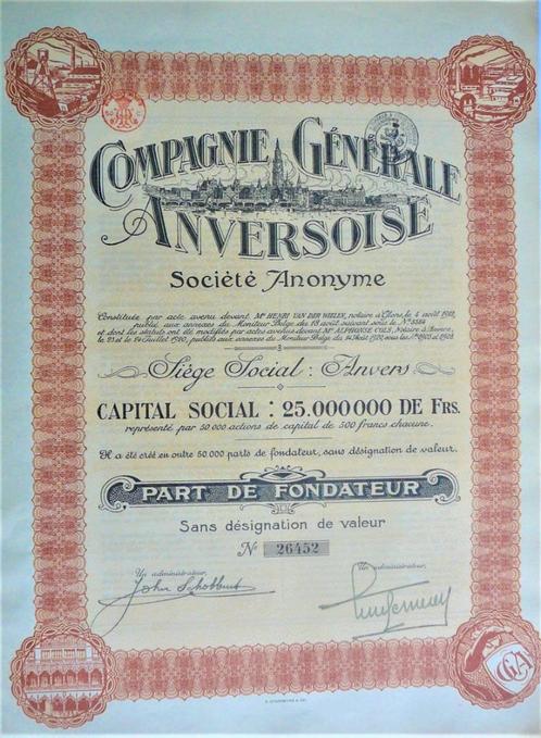 S.A.Cie Générale Anversoise - part de fondateur - 1912, Postzegels en Munten, Aandelen en Waardepapieren, Aandeel, Voor 1920, Ophalen of Verzenden