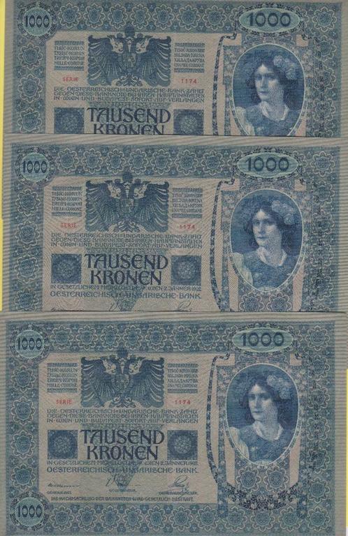 OOSTENRIJK - 1000 KRONEN (3 stuks), Postzegels en Munten, Bankbiljetten | Europa | Niet-Eurobiljetten, Setje, Oostenrijk, Ophalen of Verzenden