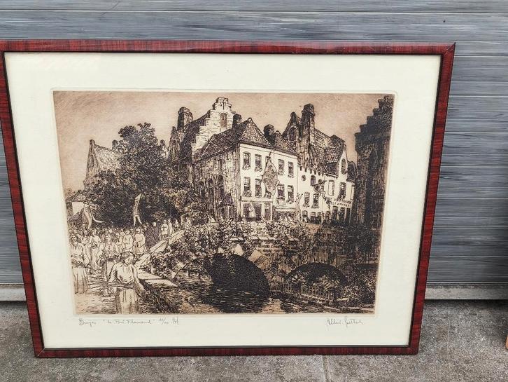 Gravure bruges pont flamand signe Albert goethals, Antiquités & Art, Art | Eaux-fortes & Gravures, Enlèvement ou Envoi