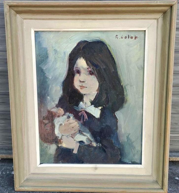 Huile sur panneau jeune fille a la poupée signe robert colot, Antiek en Kunst, Kunst | Schilderijen | Klassiek, Ophalen of Verzenden