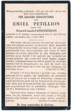 Bp. Petillion Emiel. ° St. Juliaan (Langemarck) 1873 † 1894, Enlèvement ou Envoi, Image pieuse