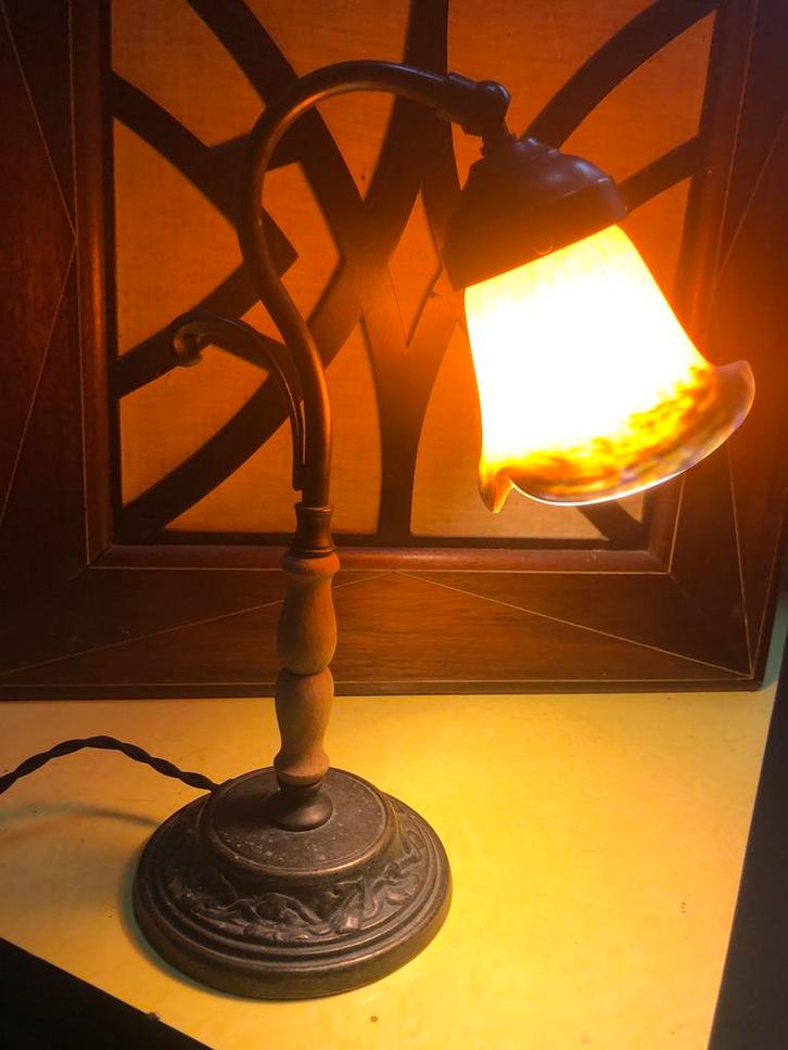 Art nouveau tafellamp, Huis en Inrichting, Lampen | Tafellampen, Gebruikt, Minder dan 50 cm, Glas, Metaal, Ophalen of Verzenden