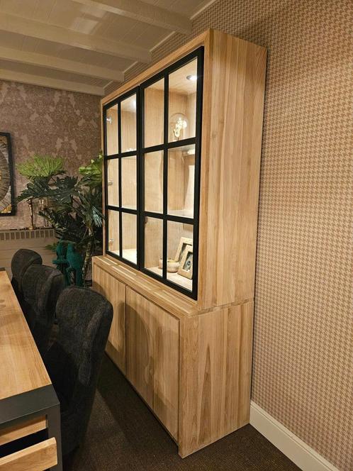 Vitrinekast- wandkast  in teakhout met verlichting, Huis en Inrichting, Kasten | Wandmeubels, Nieuw, Met deur(en), Met plank(en)