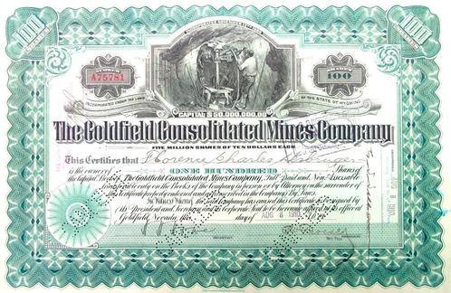 Goldfield Consolidated Mines Company 1910, Postzegels en Munten, Aandelen en Waardepapieren, Certificaat van aandeel, Voor 1920