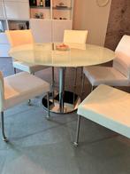 Glazen design eettafel + wit lederen stoelen te koop, Huis en Inrichting, Ophalen, Gebruikt, Rond, Glas