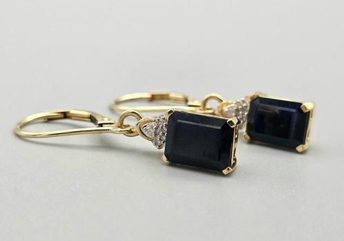 Gouden Vintage oorbellen blauwe saffier en diamant. 2024/377, Bijoux, Sacs & Beauté, Boucles d'oreilles, Comme neuf, Pendantes