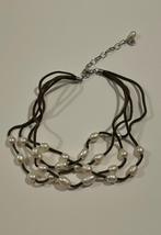 Titto bruine halsketting met witte parels, Handtassen en Accessoires, Kettingen, Overige materialen, Verstelbaar, Bruin, Nieuw